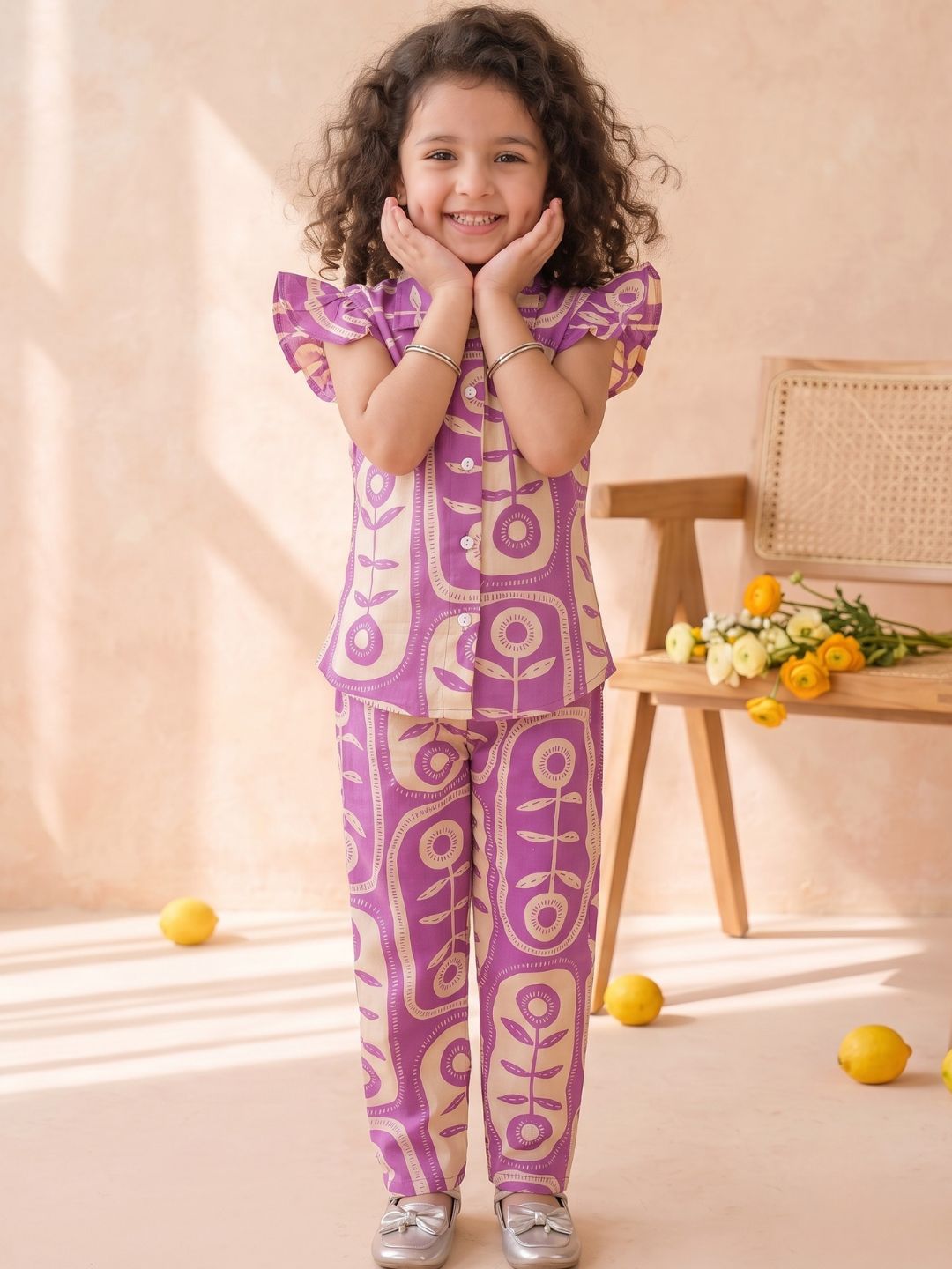 Purple Cotton Sleeveless Big Floral Print Girls Co-Ords
