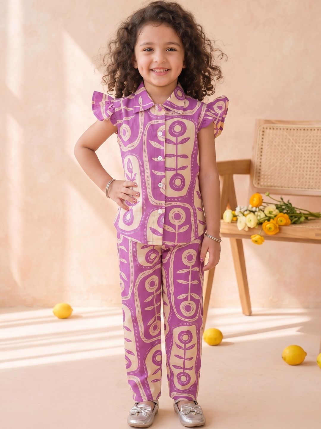 Purple Cotton Sleeveless Big Floral Print Girls Co-Ords