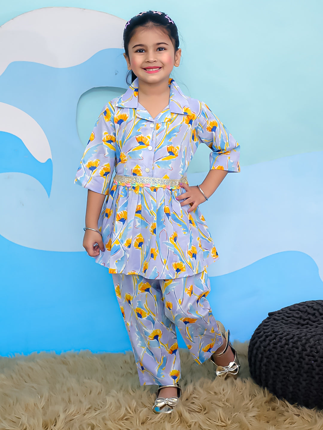 Blue Cotton 3/4th Sleeves Floral Print Girls Co-Ords