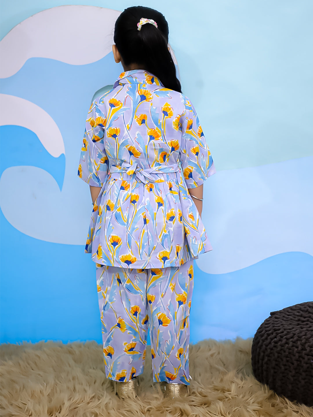 Blue Cotton 3/4th Sleeves Floral Print Girls Co-Ords