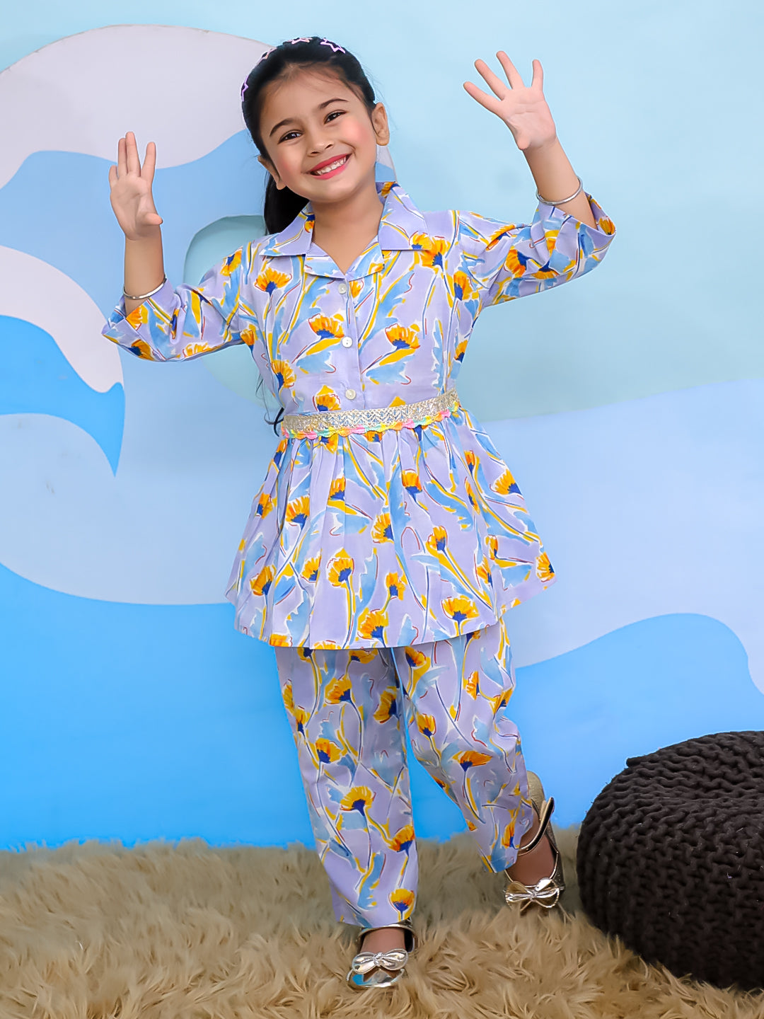 Blue Cotton 3/4th Sleeves Floral Print Girls Co-Ords