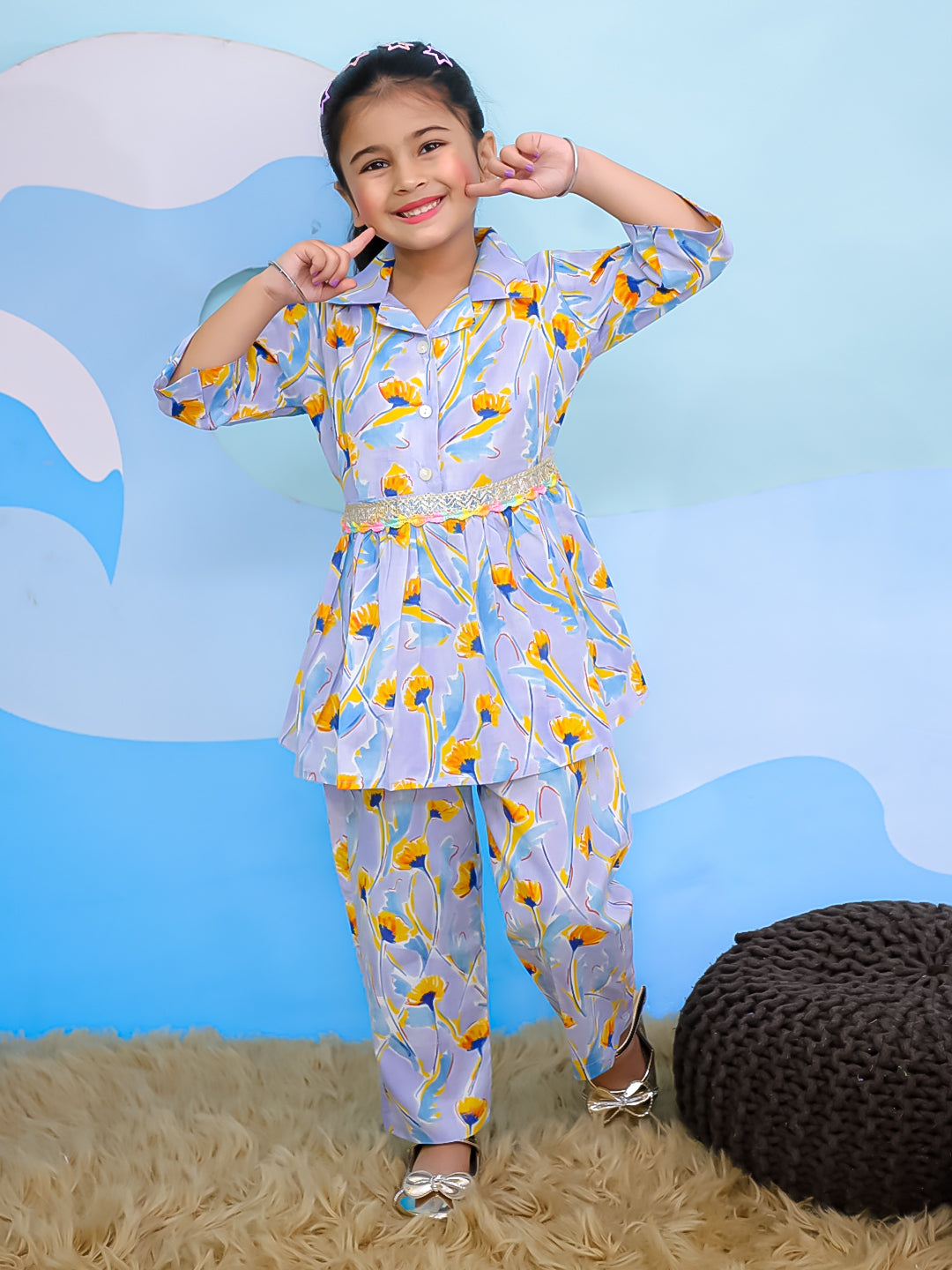 Blue Cotton 3/4th Sleeves Floral Print Girls Co-Ords