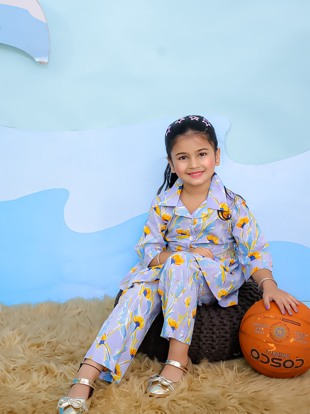 Blue Cotton 3/4th Sleeves Floral Print Girls Co-Ords