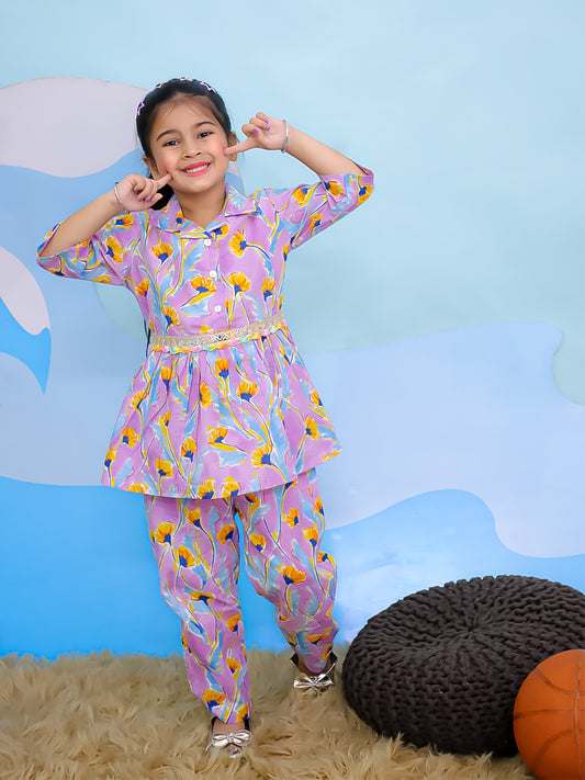 AJ Dezines Pink Cotton 3/4th Sleeves Floral Print Girls Co-Ords