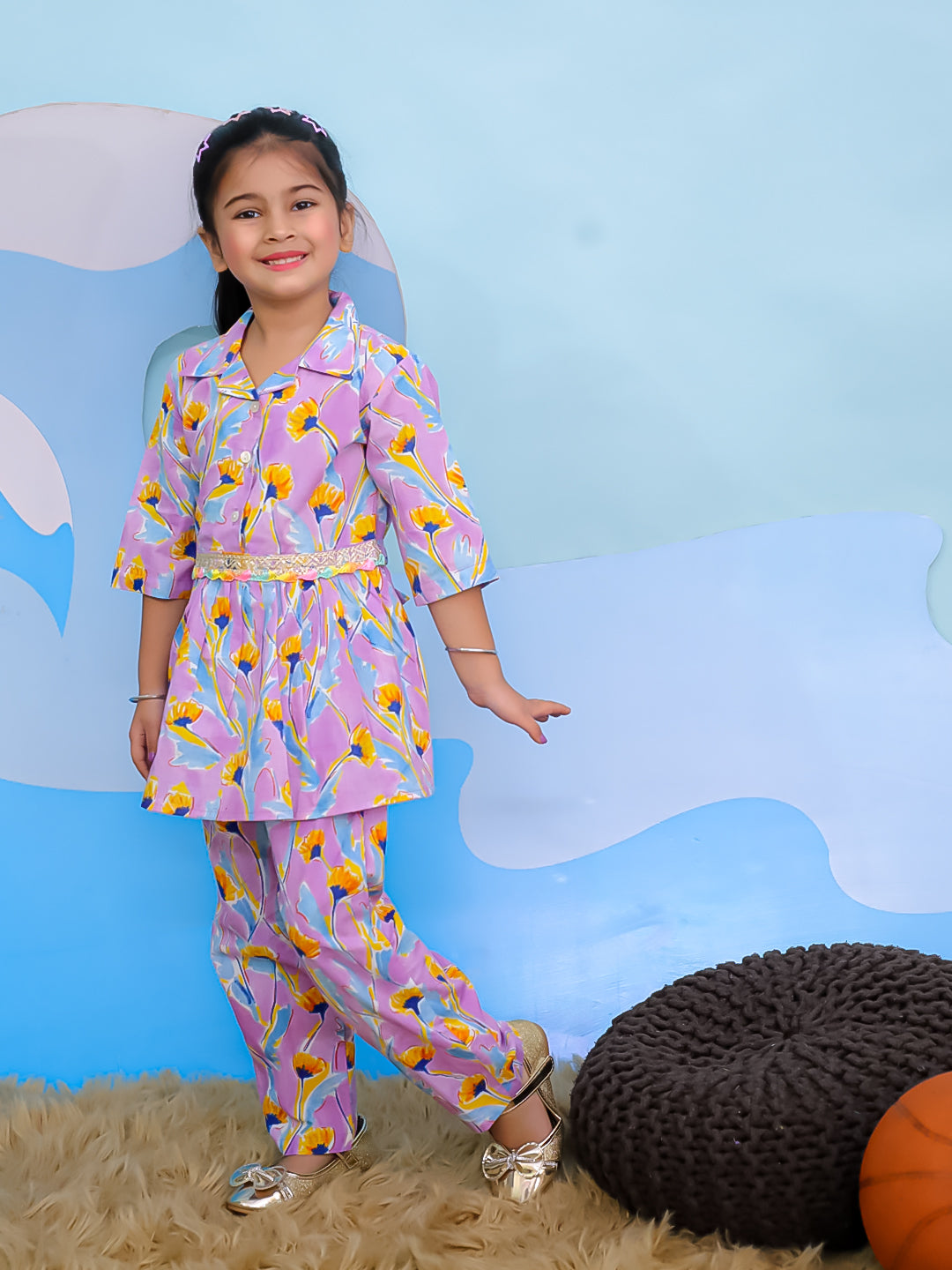 AJ Dezines Pink Cotton 3/4th Sleeves Floral Print Girls Co-Ords