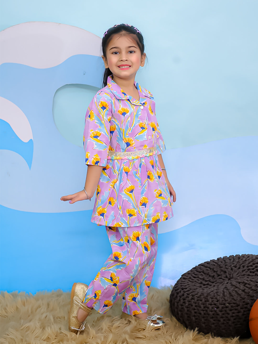 AJ Dezines Pink Cotton 3/4th Sleeves Floral Print Girls Co-Ords