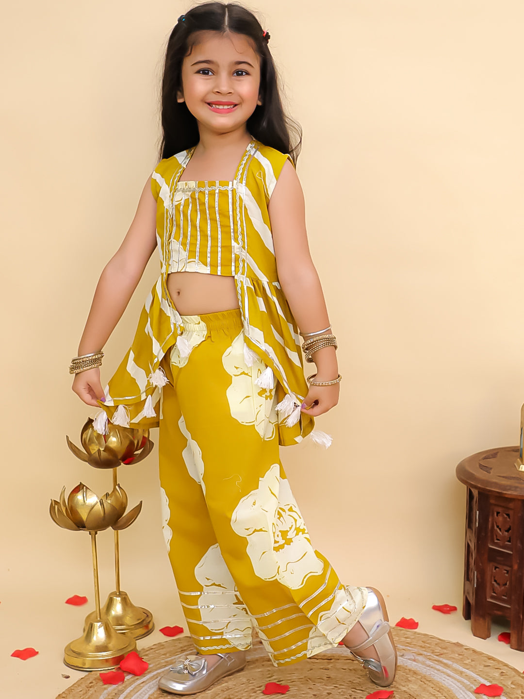 AJ Dezines Mustard Cotton Sleeveless Floral Printed Girls Co-Ords with Gotta Work