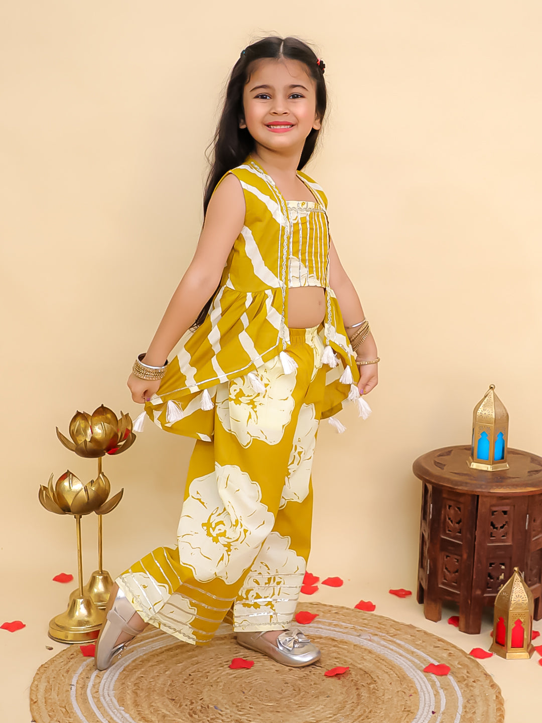 AJ Dezines Mustard Cotton Sleeveless Floral Printed Girls Co-Ords with Gotta Work