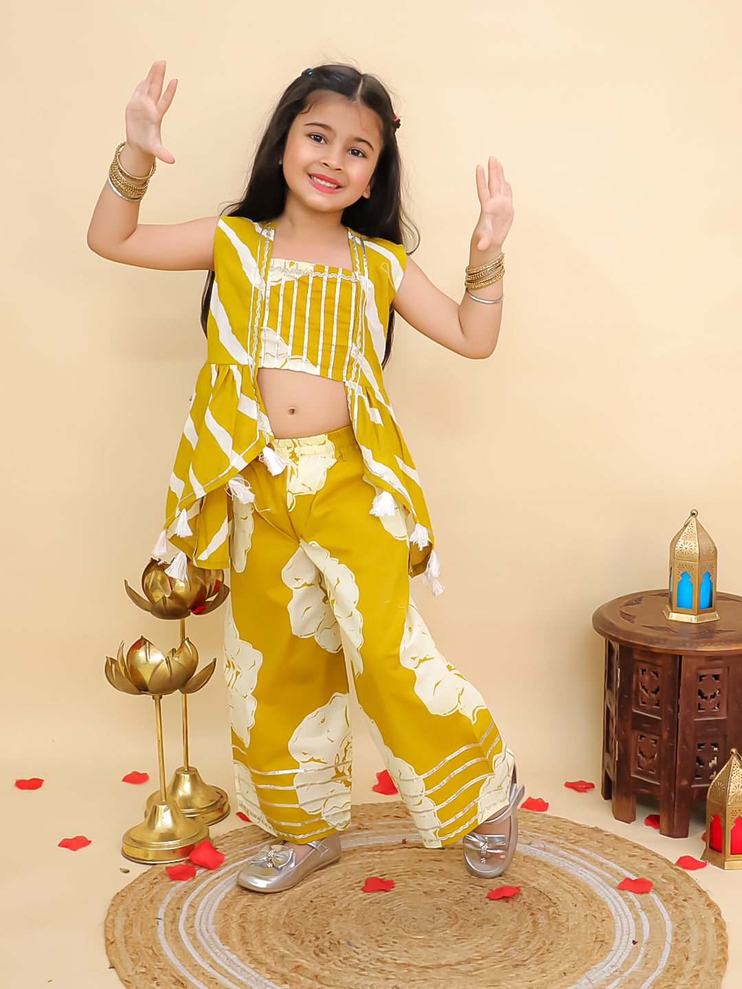 AJ Dezines Mustard Cotton Sleeveless Floral Printed Girls Co-Ords with Gotta Work