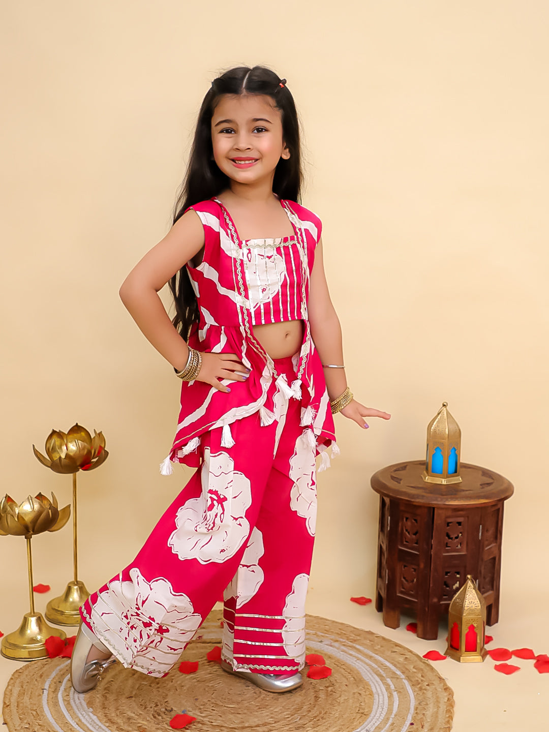 AJ Dezines Pink Cotton Sleeveless Floral Printed Girls Co-Ords with Gotta Work