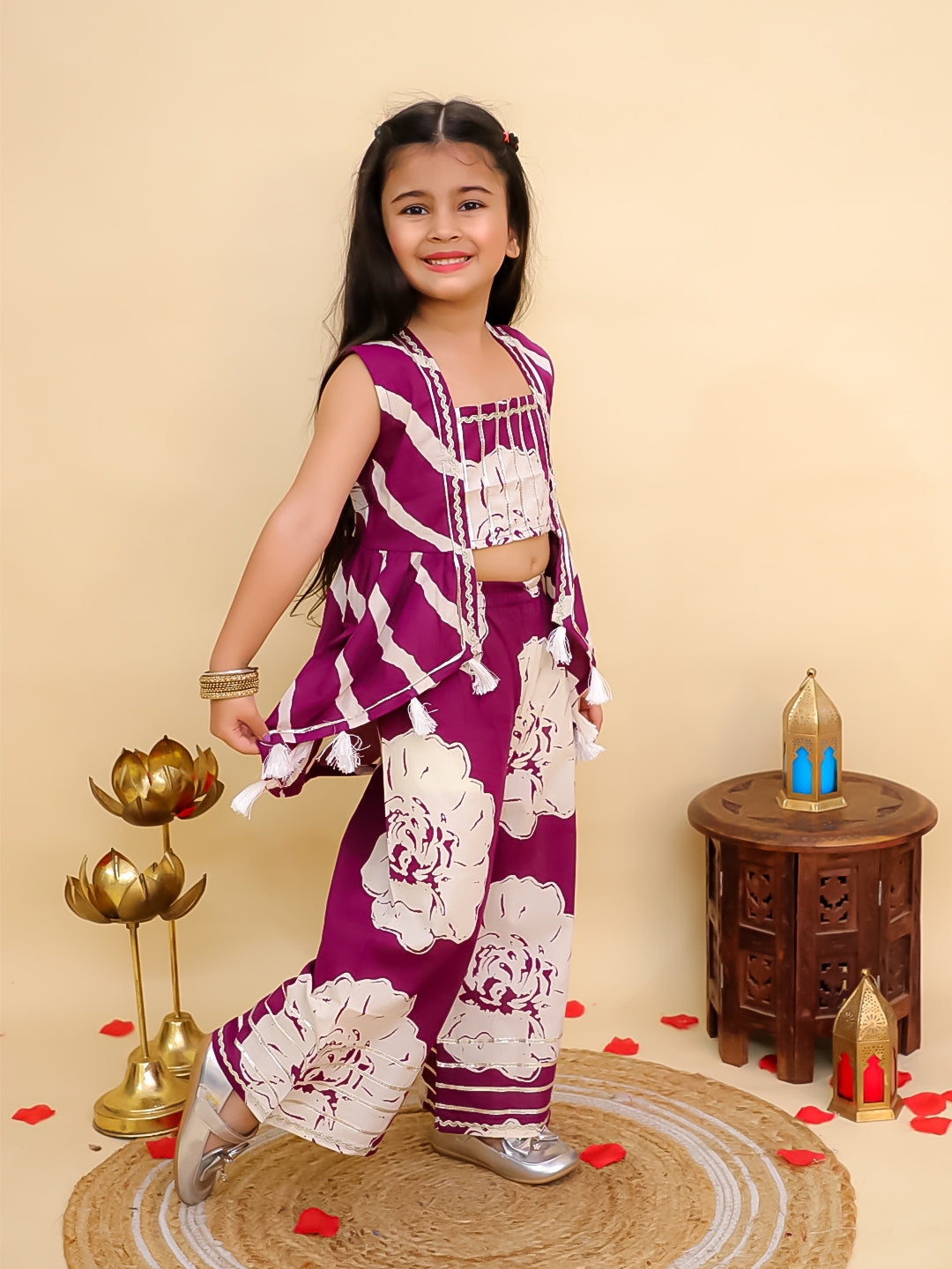 AJ Dezines Purple Cotton Sleeveless Floral Printed Girls Co-Ords with Gotta Work