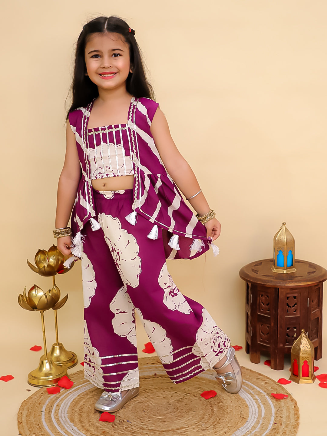 AJ Dezines Purple Cotton Sleeveless Floral Printed Girls Co-Ords with Gotta Work