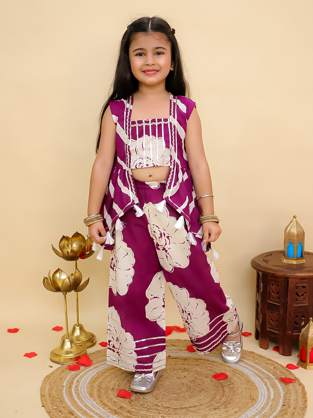 AJ Dezines Purple Cotton Sleeveless Floral Printed Girls Co-Ords with Gotta Work