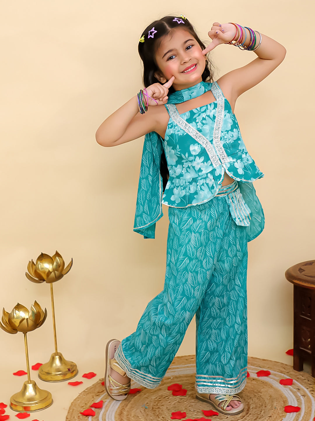 AJ Dezines Blue Cotton Sleeveless Floral Printed Girls Co-Ords