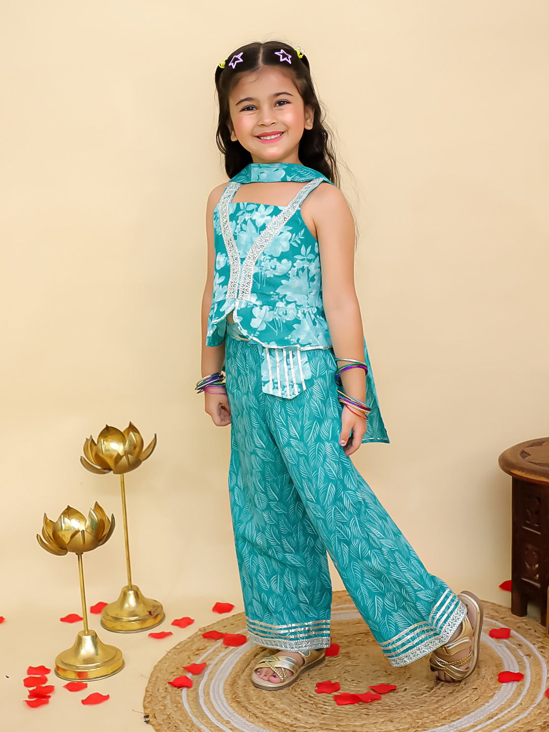 AJ Dezines Blue Cotton Sleeveless Floral Printed Girls Co-Ords