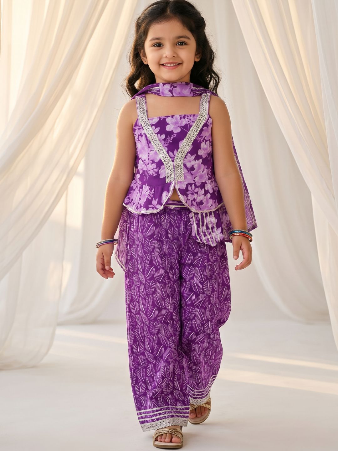 Purple Cotton Sleeveless Floral Printed Girls Co-Ords