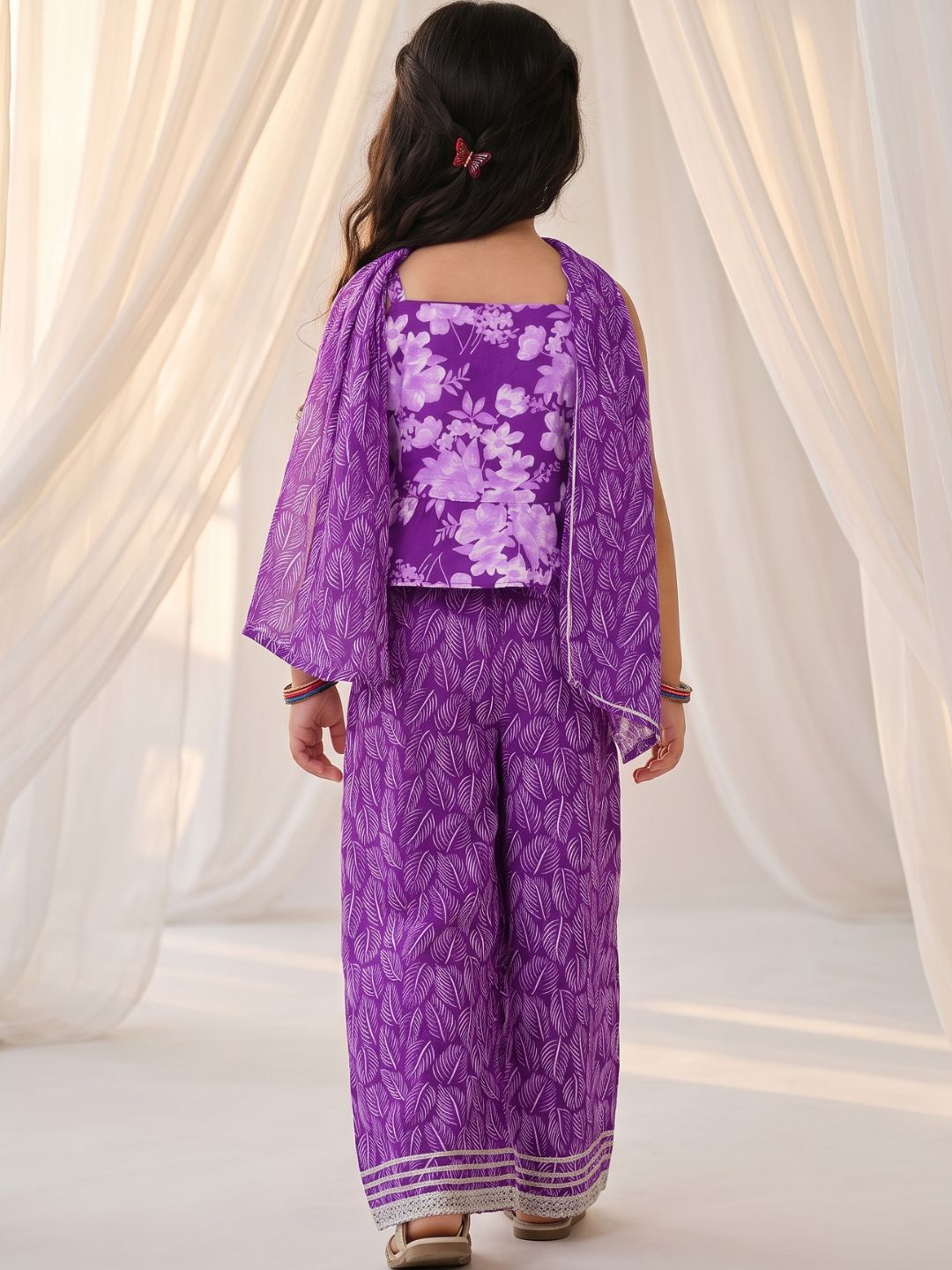 Purple Cotton Sleeveless Floral Printed Girls Co-Ords