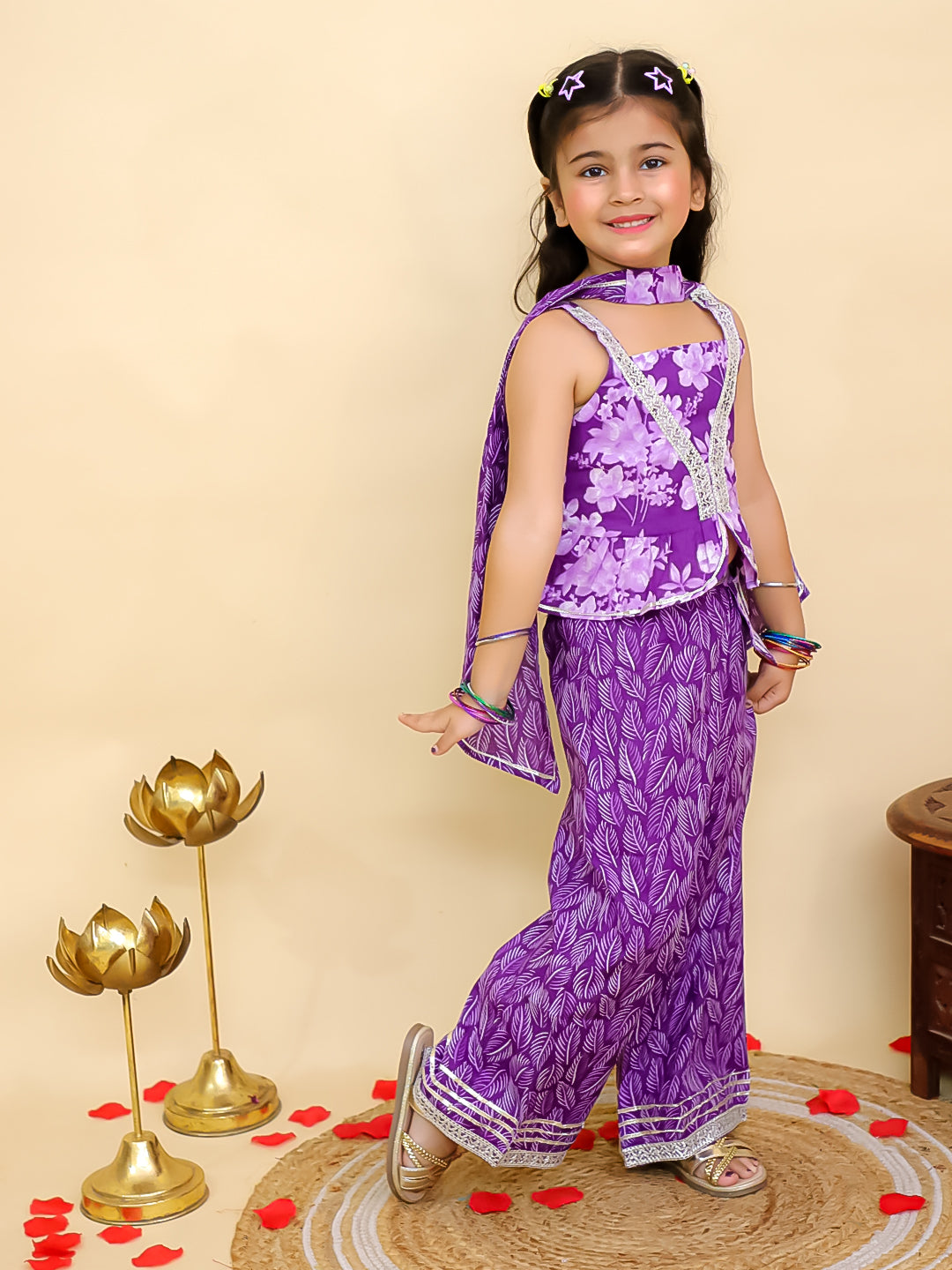 Purple Cotton Sleeveless Floral Printed Girls Co-Ords