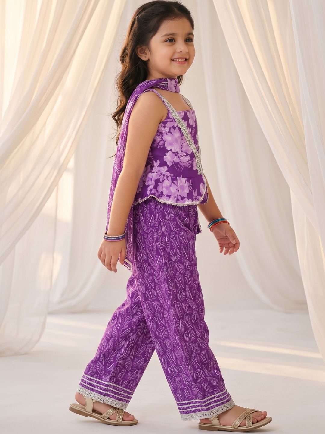 Purple Cotton Sleeveless Floral Printed Girls Co-Ords