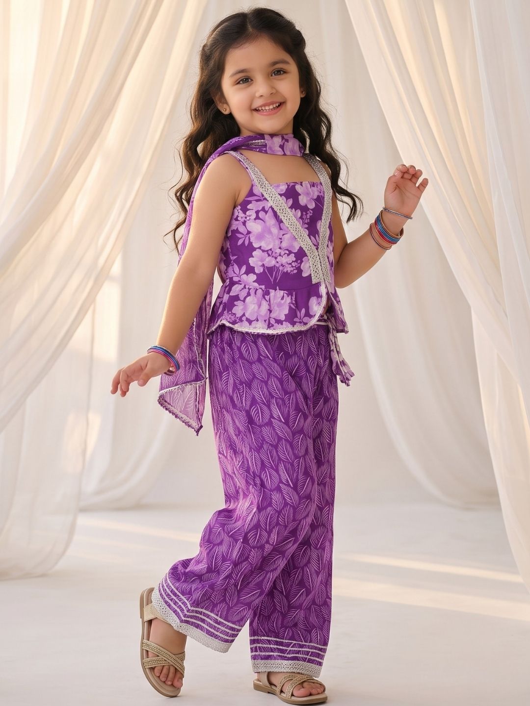 Purple Cotton Sleeveless Floral Printed Girls Co-Ords