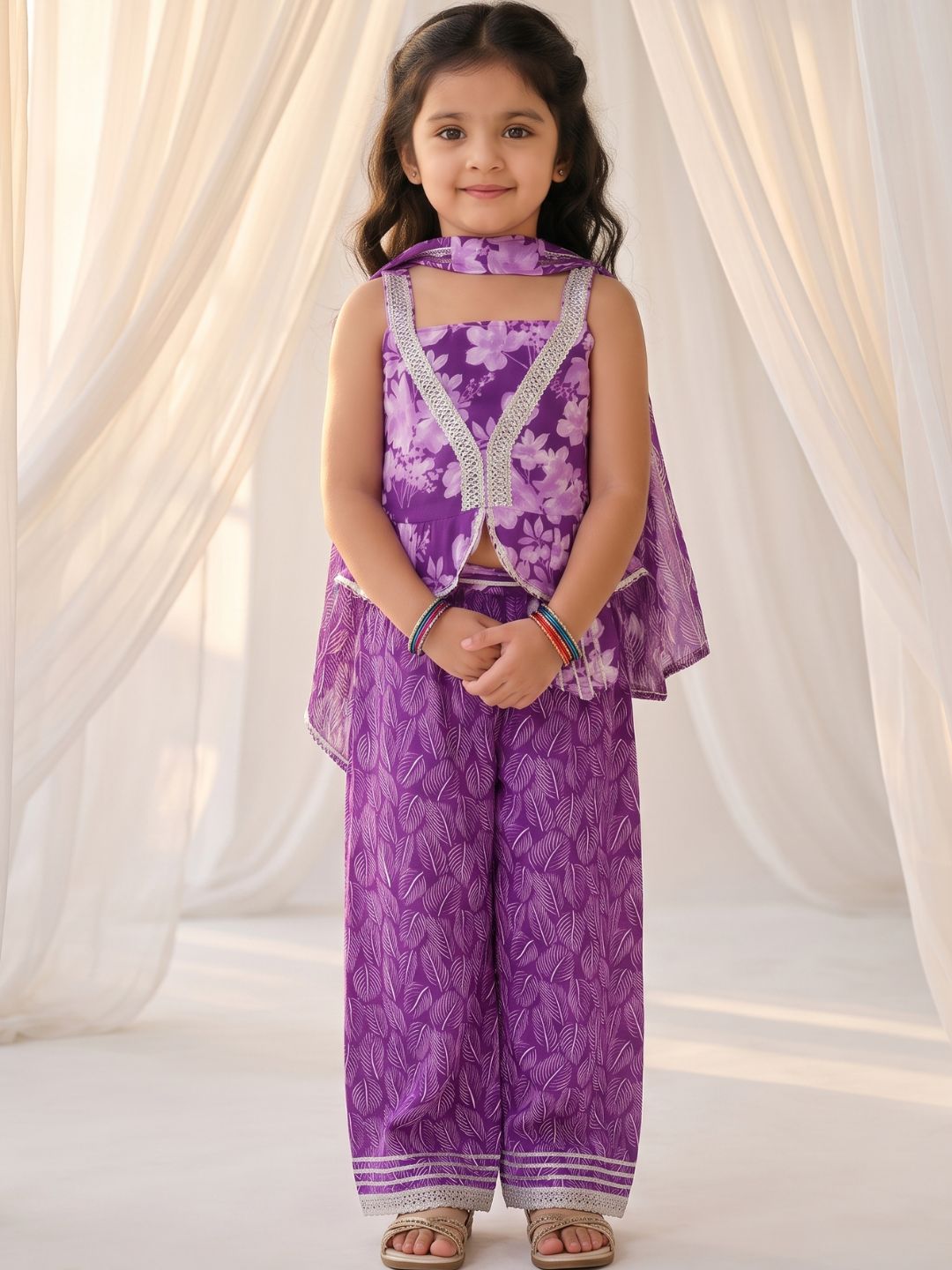 Purple Cotton Sleeveless Floral Printed Girls Co-Ords