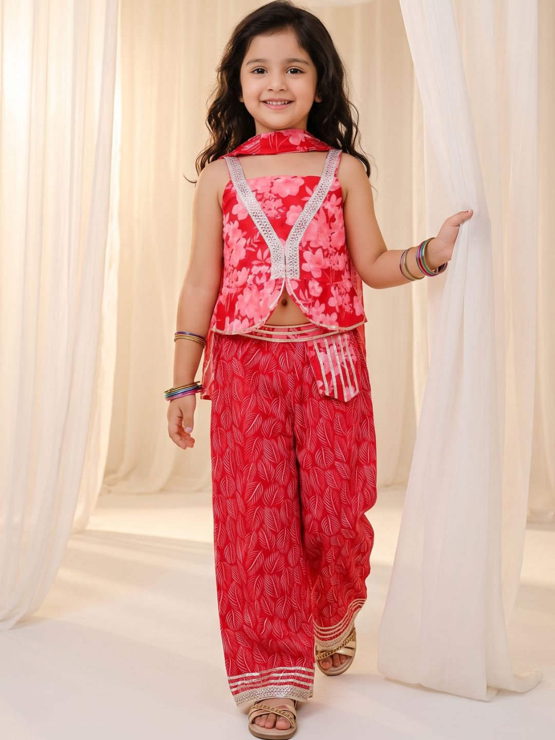 Red Cotton Sleeveless Floral Printed Girls Co-Ords