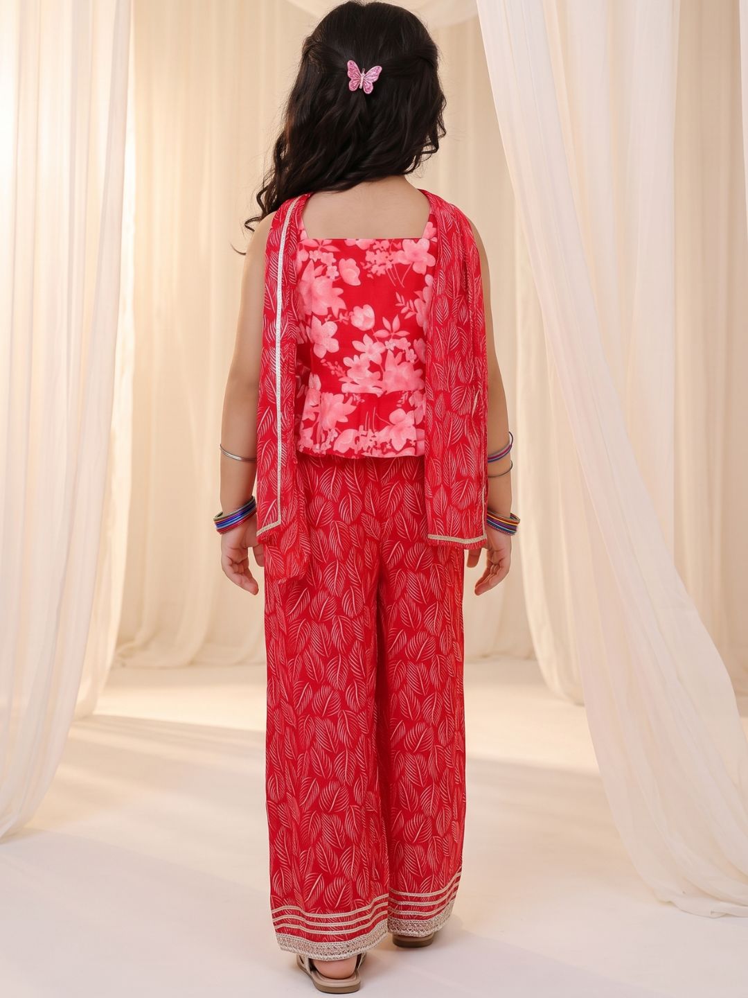 Red Cotton Sleeveless Floral Printed Girls Co-Ords