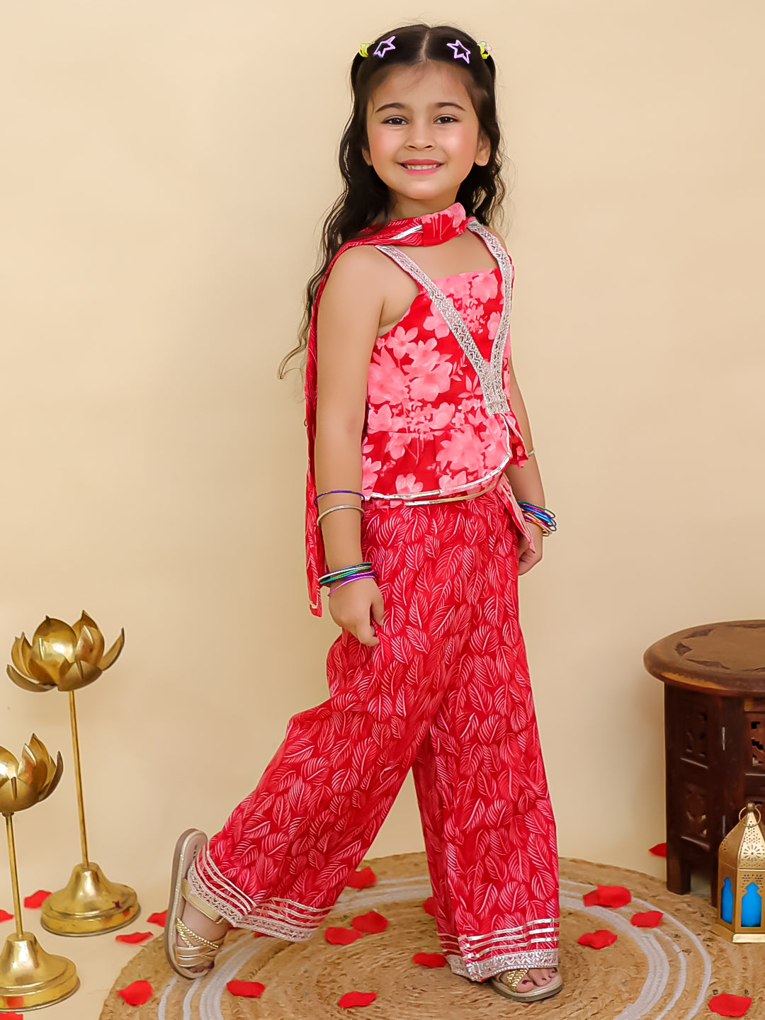 Red Cotton Sleeveless Floral Printed Girls Co-Ords