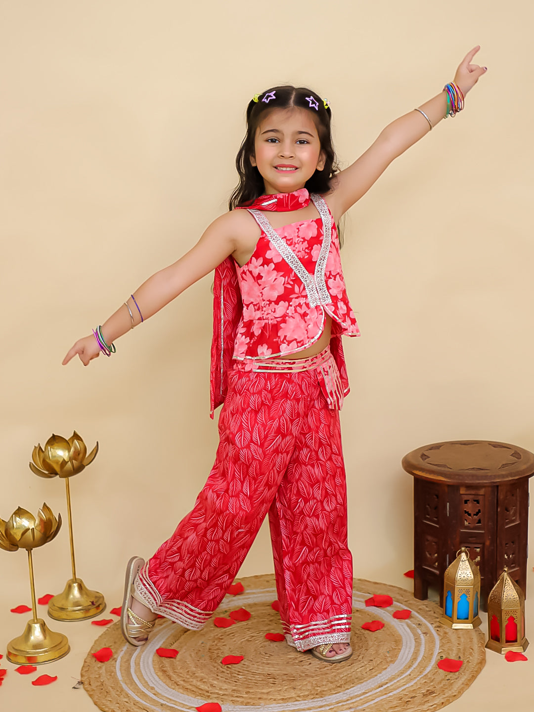 Red Cotton Sleeveless Floral Printed Girls Co-Ords