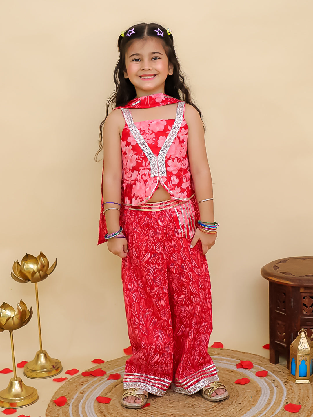 Red Cotton Sleeveless Floral Printed Girls Co-Ords