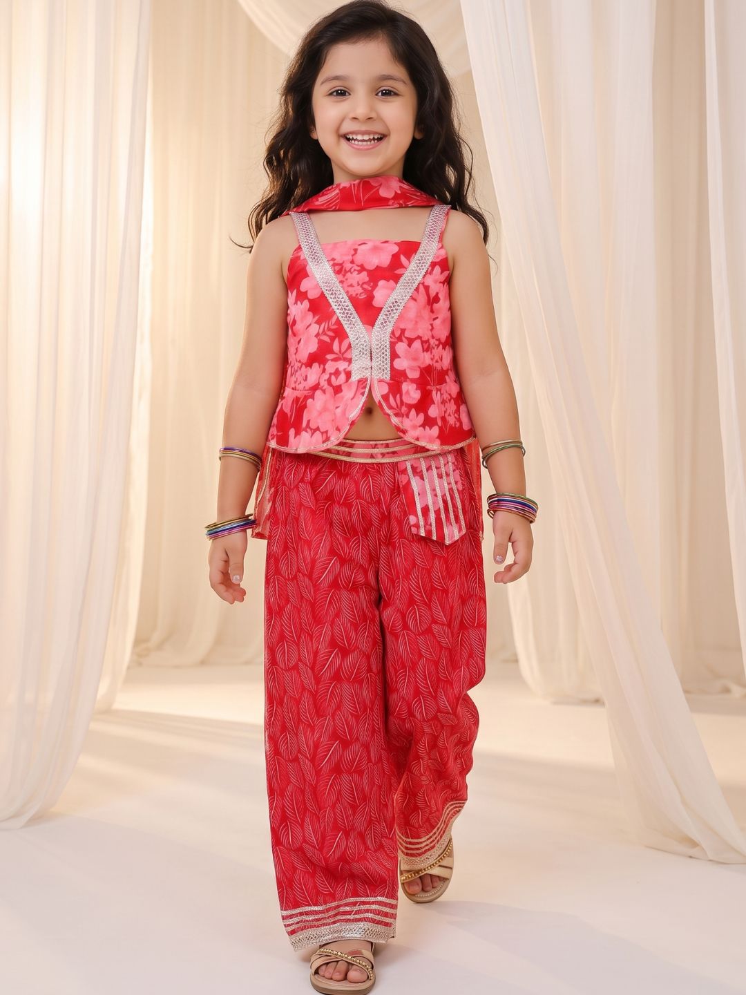 Red Cotton Sleeveless Floral Printed Girls Co-Ords