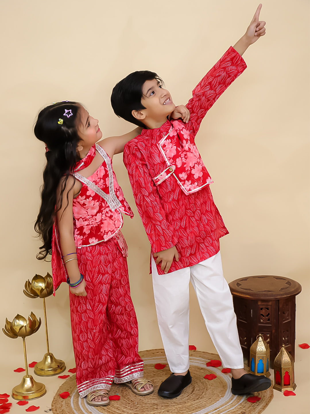 Red Cotton Sleeveless Floral Printed Girls Co-Ords