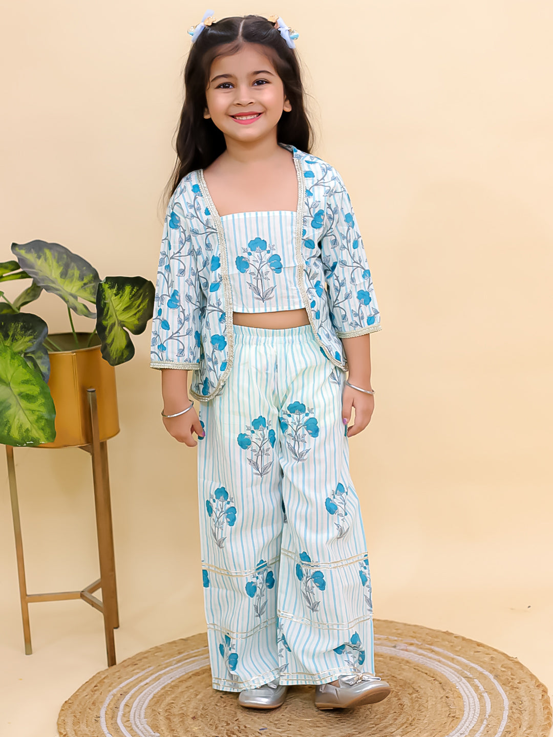 Blue Cotton 3/4 Sleeves Floral Printed Girls Co-Ords