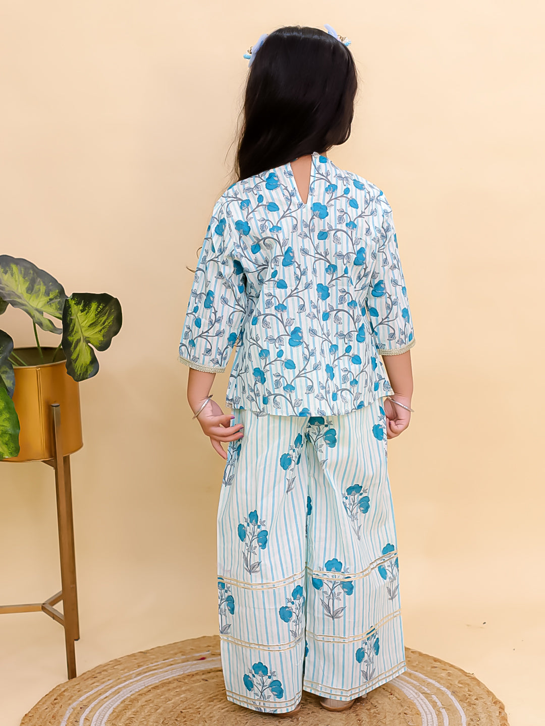 Blue Cotton 3/4 Sleeves Floral Printed Girls Co-Ords