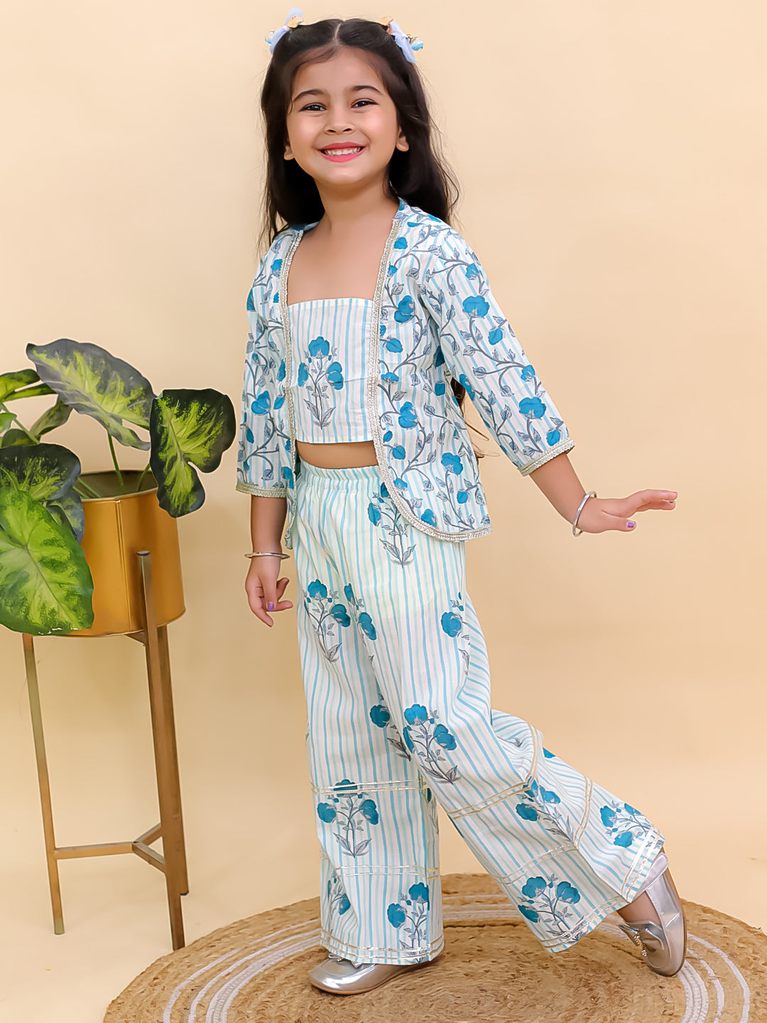 Blue Cotton 3/4 Sleeves Floral Printed Girls Co-Ords