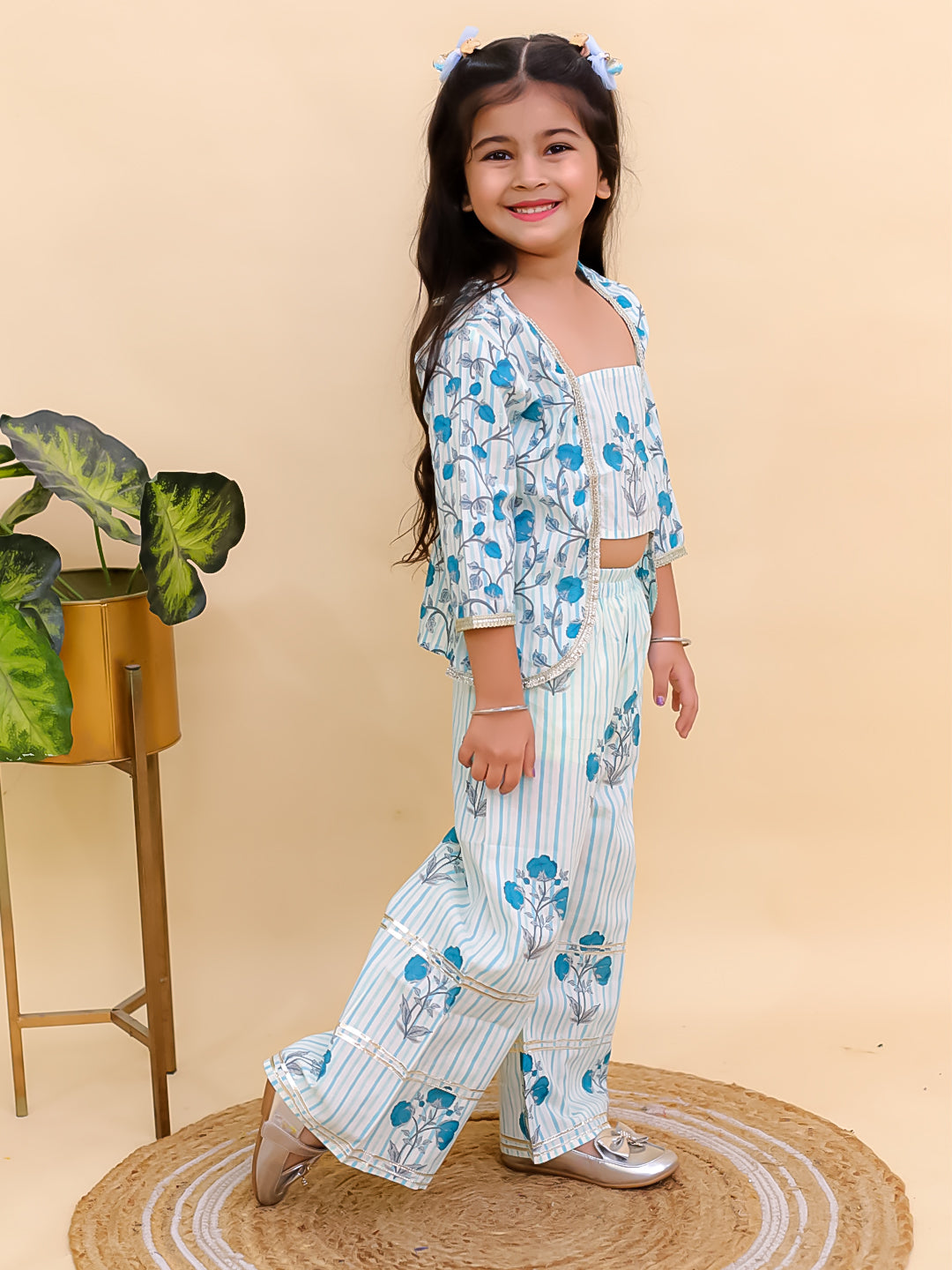 Blue Cotton 3/4 Sleeves Floral Printed Girls Co-Ords