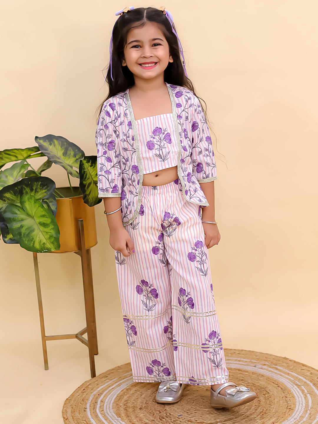 Purple Cotton 3/4 Sleeves Floral Printed Girls Co-Ords