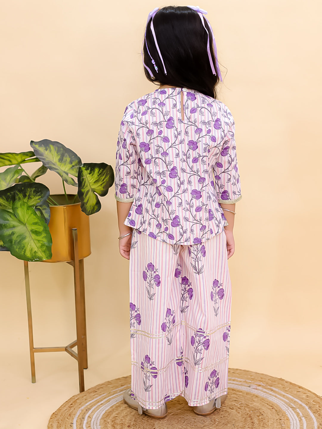 Purple Cotton 3/4 Sleeves Floral Printed Girls Co-Ords