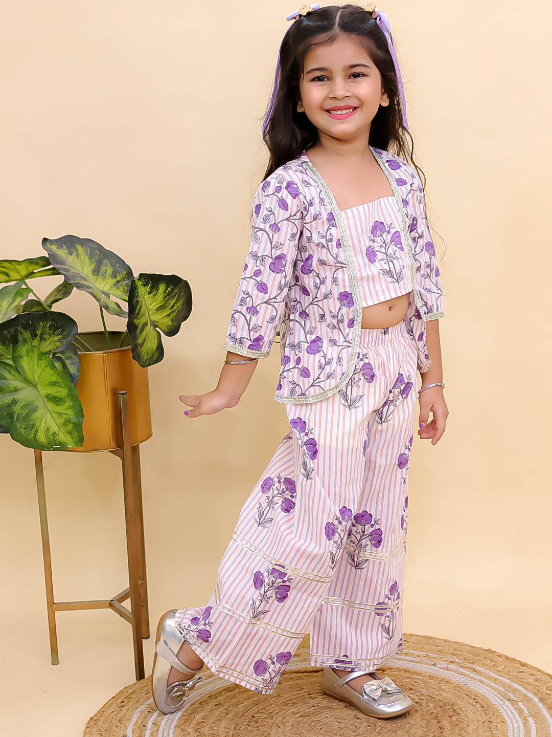 Purple Cotton 3/4 Sleeves Floral Printed Girls Co-Ords