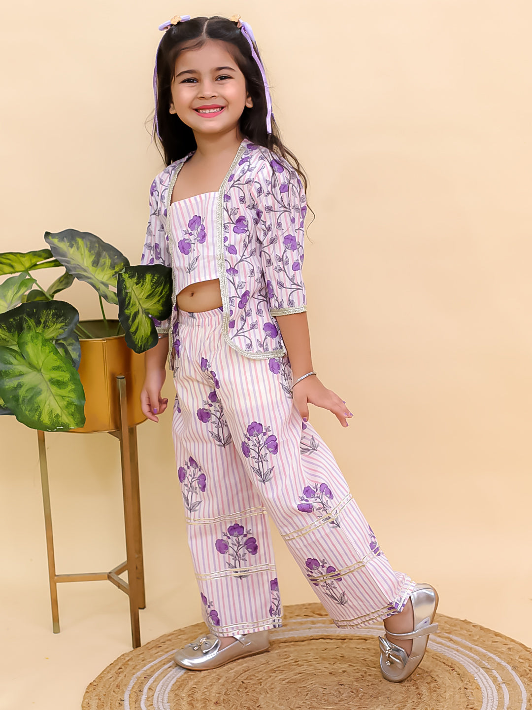 Purple Cotton 3/4 Sleeves Floral Printed Girls Co-Ords