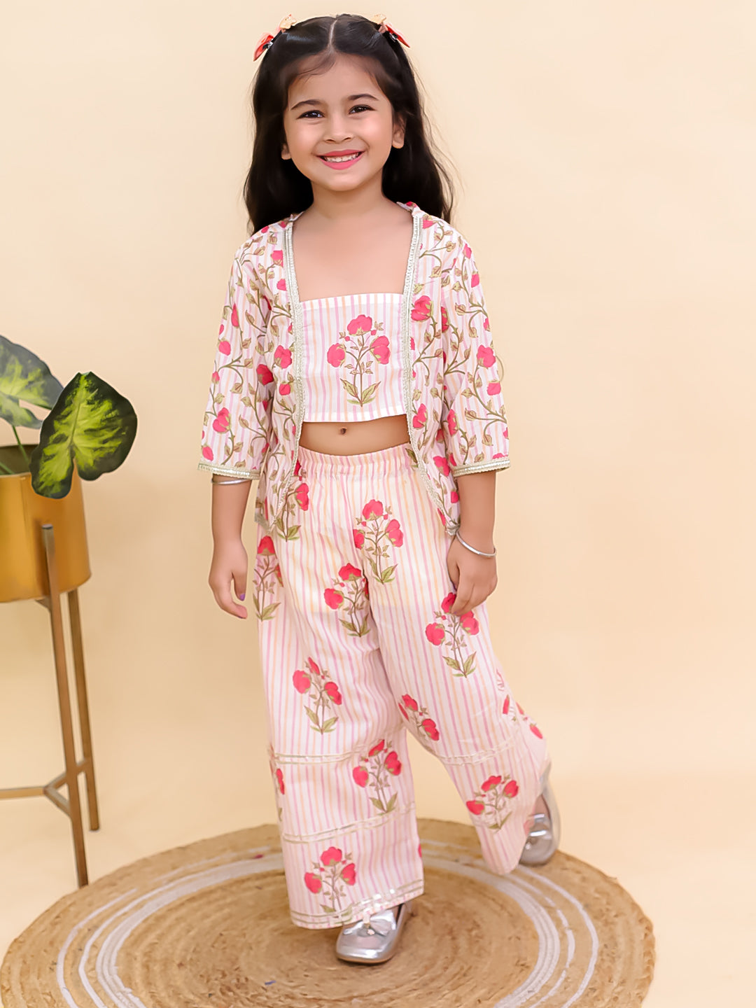 AJ Dezines Red Cotton 3/4 Sleeves Floral Printed Girls Co-Ords