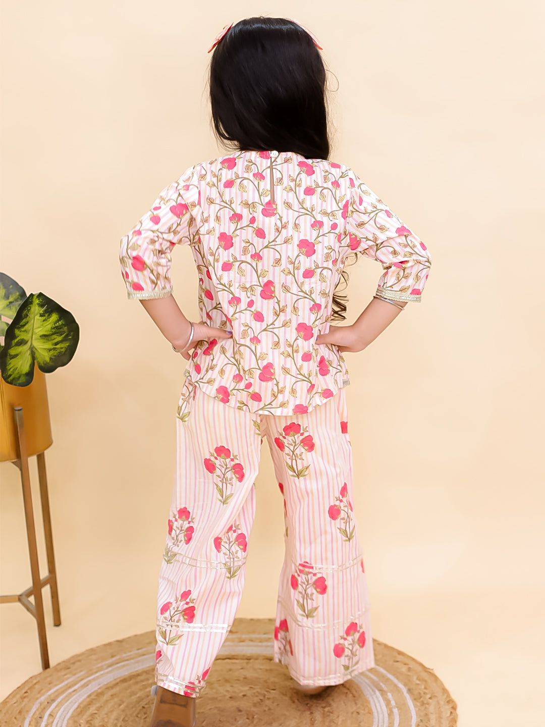 AJ Dezines Red Cotton 3/4 Sleeves Floral Printed Girls Co-Ords