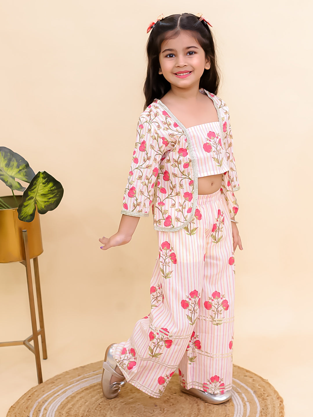 AJ Dezines Red Cotton 3/4 Sleeves Floral Printed Girls Co-Ords