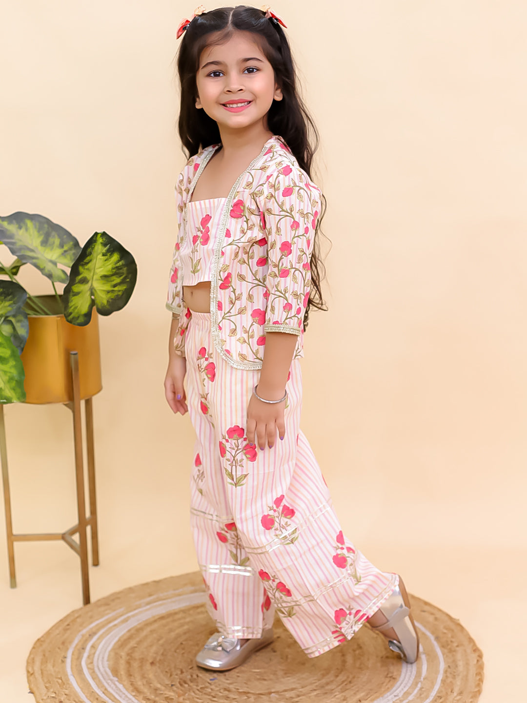 AJ Dezines Red Cotton 3/4 Sleeves Floral Printed Girls Co-Ords