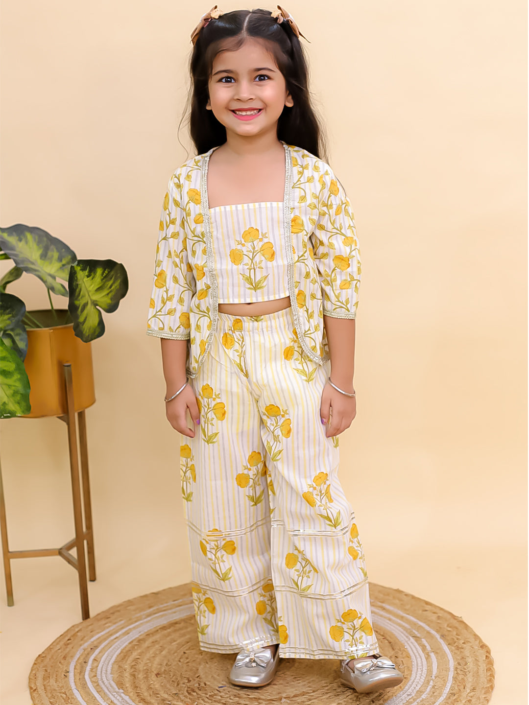 Mustard Cotton 3/4 Sleeves Floral Printed Girls Co-Ords - AJ Dezines