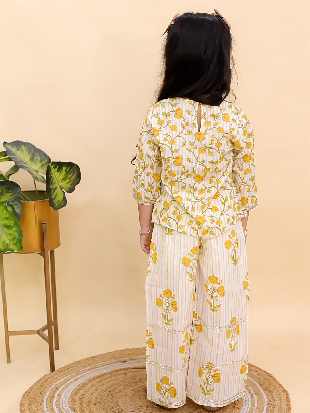 AJ Dezines Mustard Cotton 3/4 Sleeves Floral Printed Girls Co-Ords