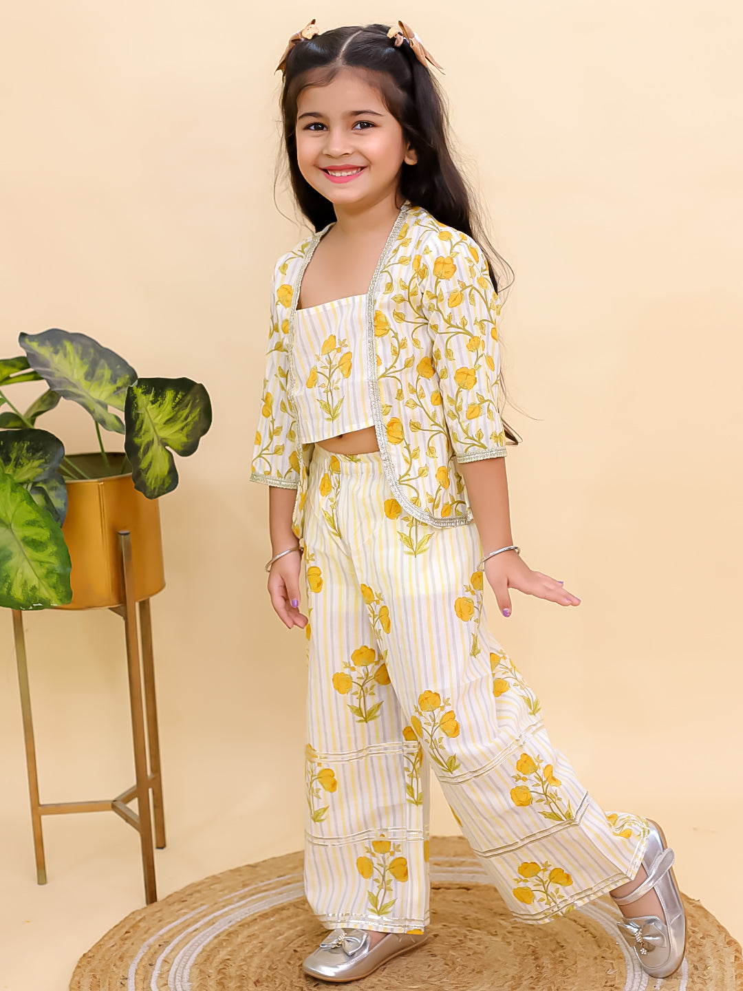 Mustard Cotton 3/4 Sleeves Floral Printed Girls Co-Ords - AJ Dezines