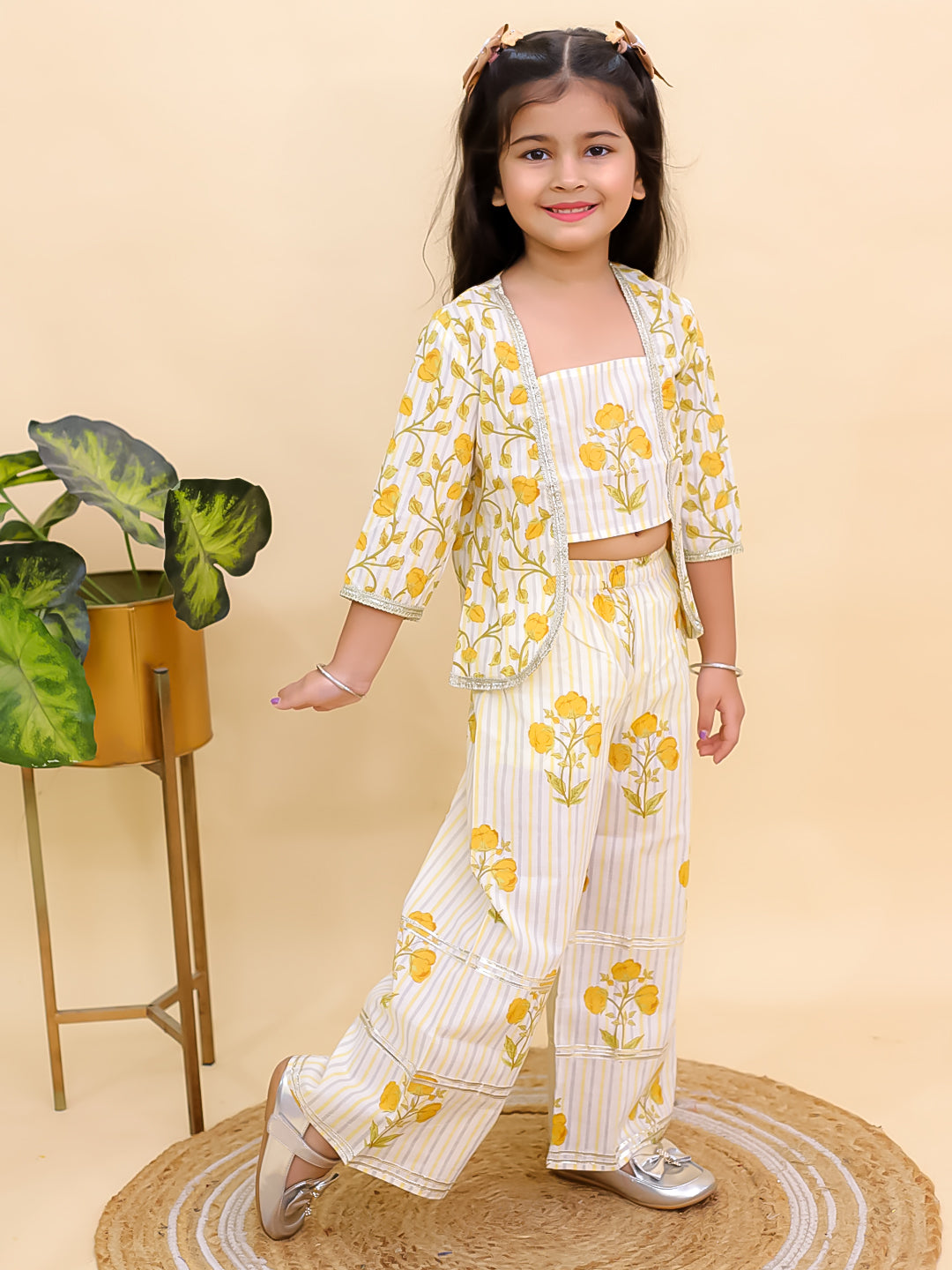 Mustard Cotton 3/4 Sleeves Floral Printed Girls Co-Ords - AJ Dezines