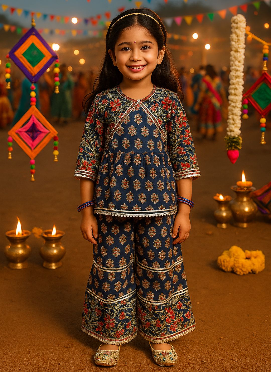 Blue Cotton 3/4th Sleeves Floral Print Girls Co-Ords