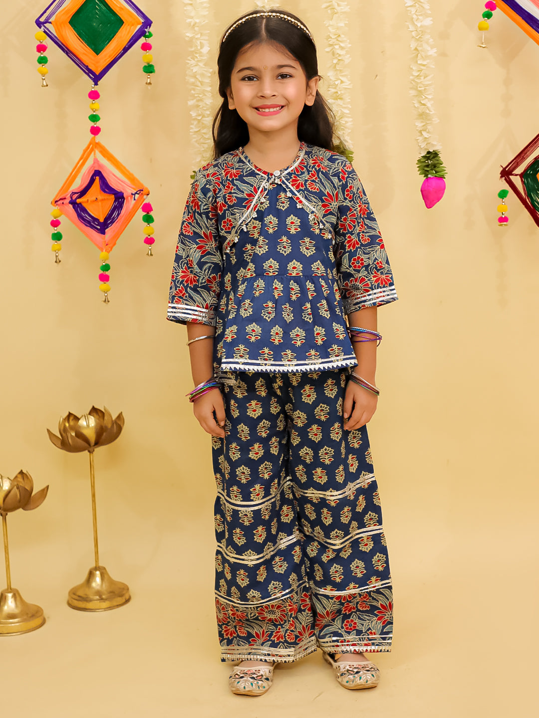 Blue Cotton 3/4th Sleeves Floral Print Girls Co-Ords